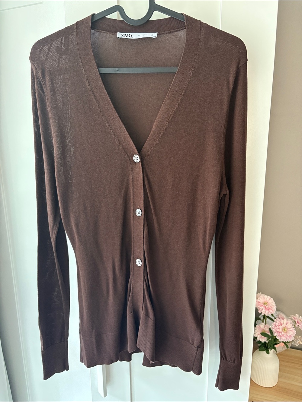 Zara Brown Lightweight V-Neck Button-Up Cardigan